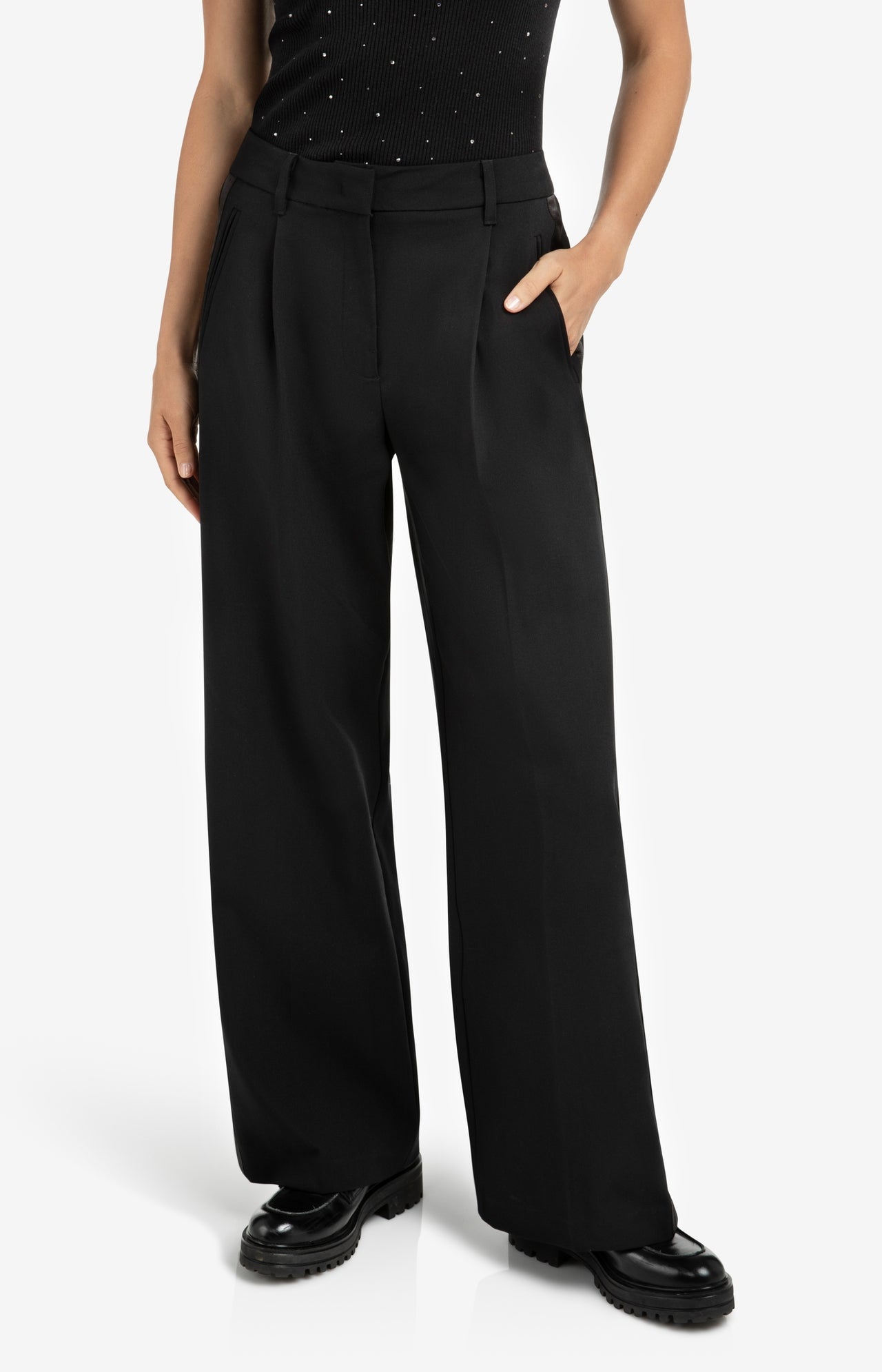 Woven wide leg trousers with satin side tape