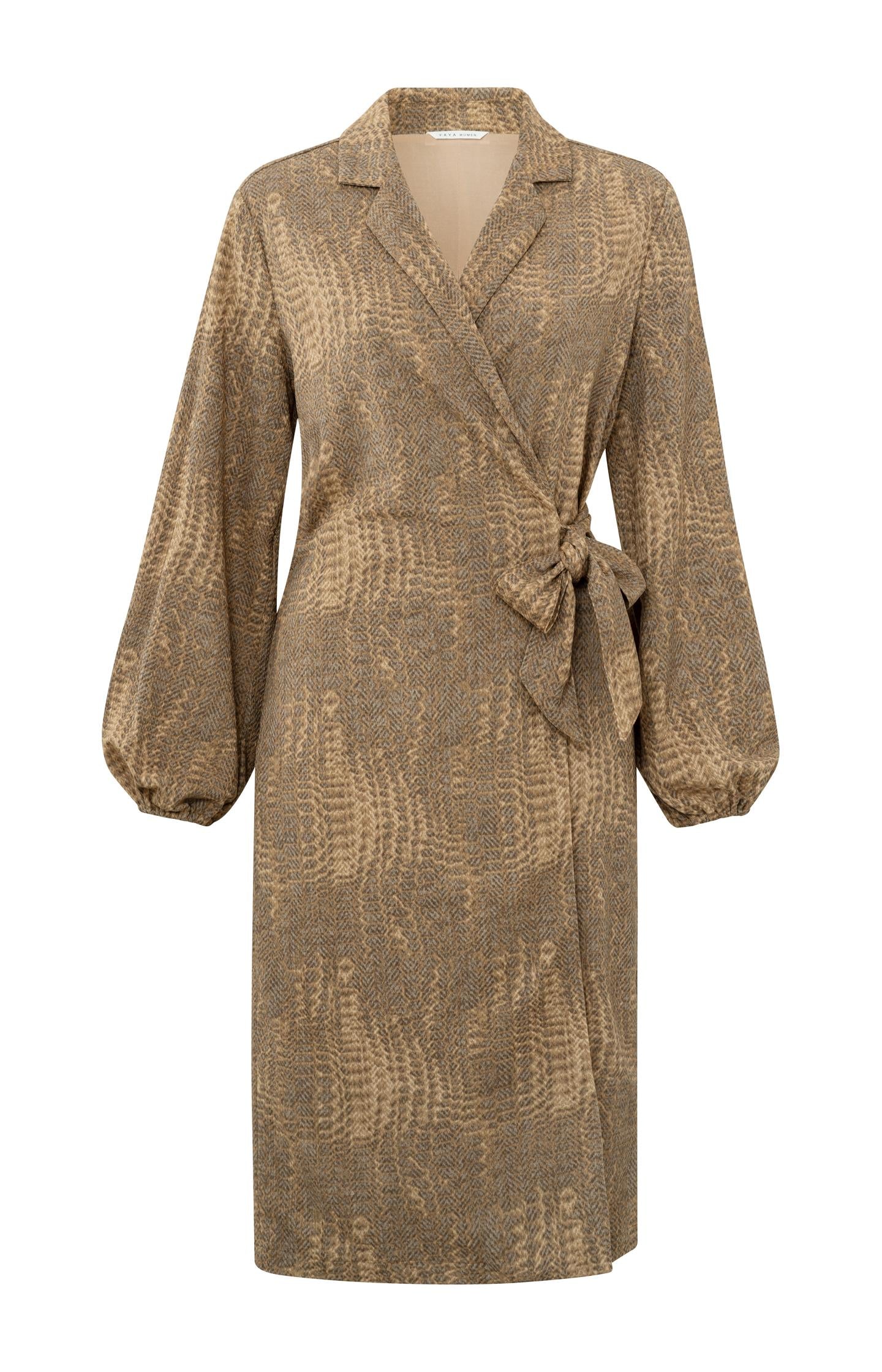 Wrap dress with V-neck, long balloon sleeves and snake print - Type: product