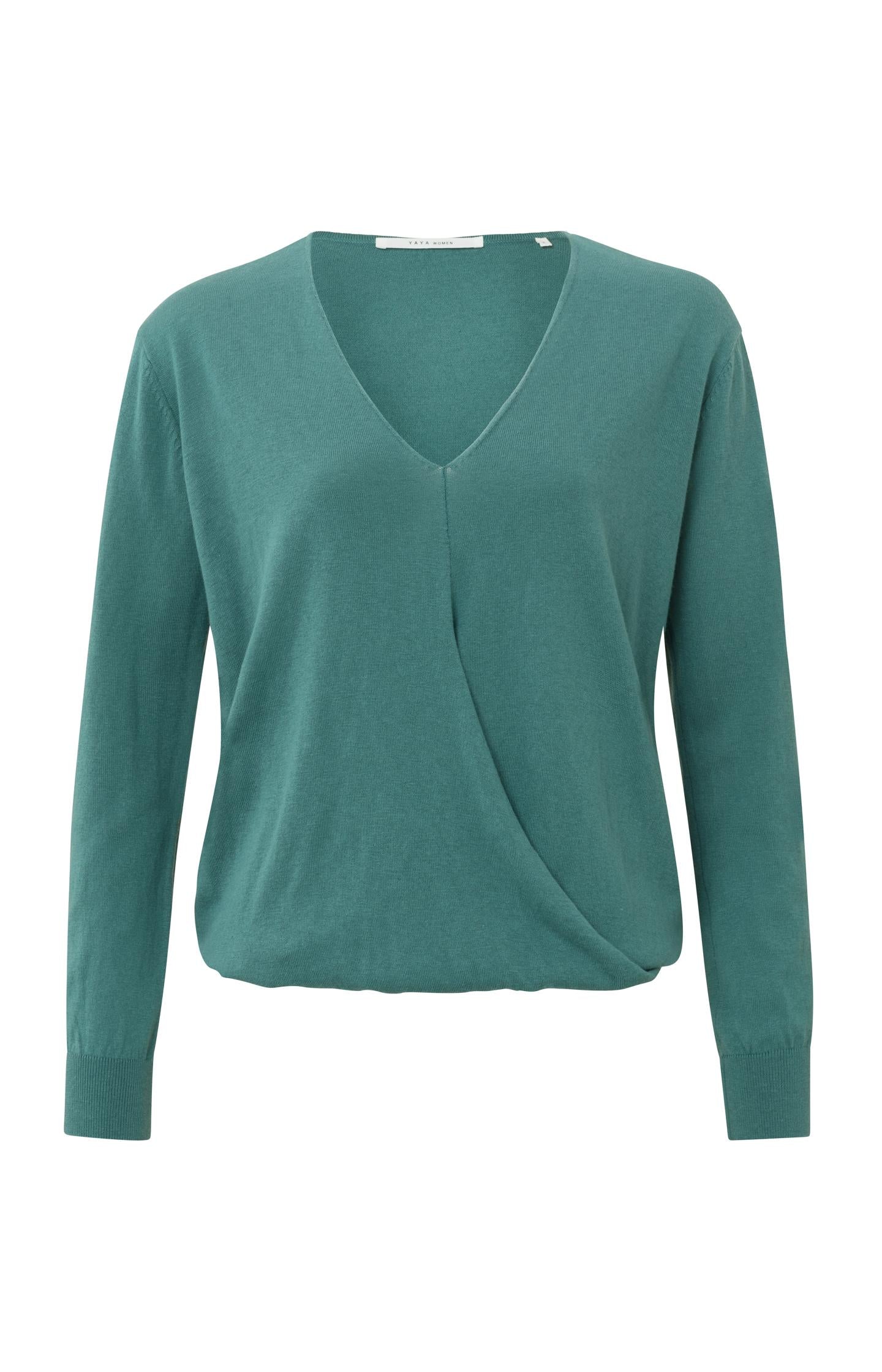 Wrap sweater with V-neck, long sleeves and ribbed details - Type: product