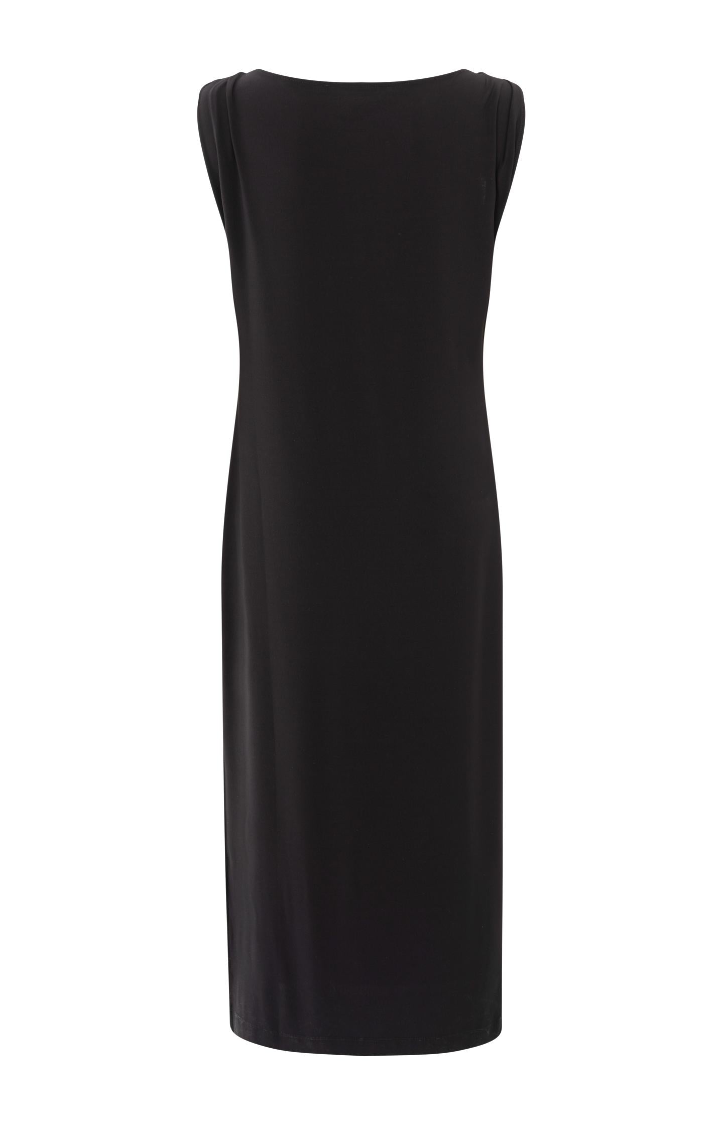 Black dress with twisted shoulder detail and side slit