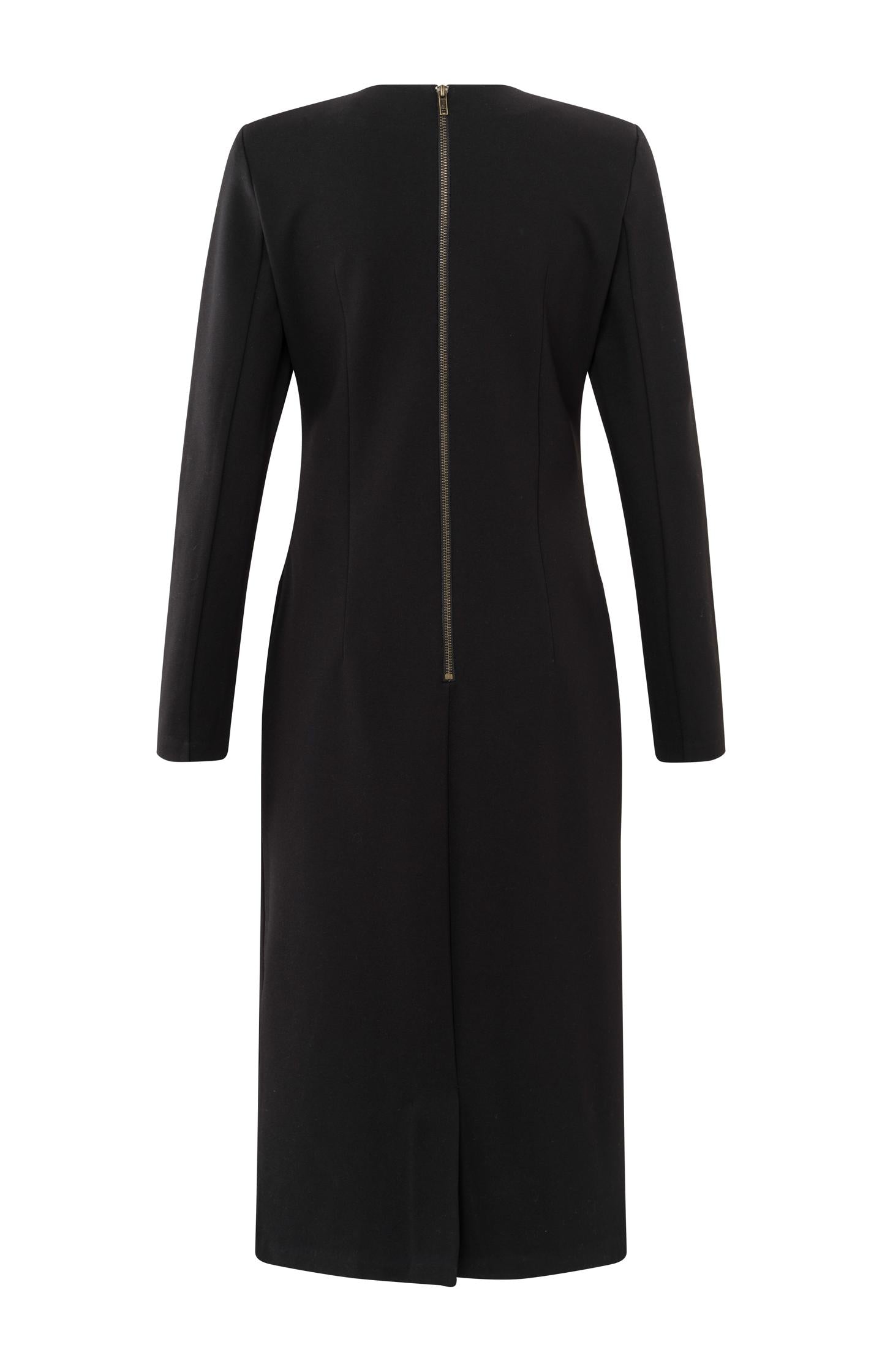 Black midi dress with round neckline and long sleeves