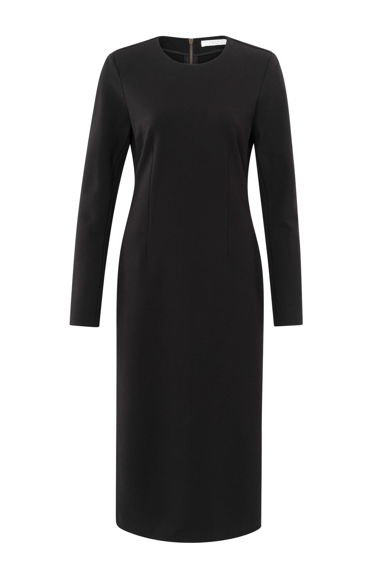 Black midi dress with round neckline and long sleeves - Type: product