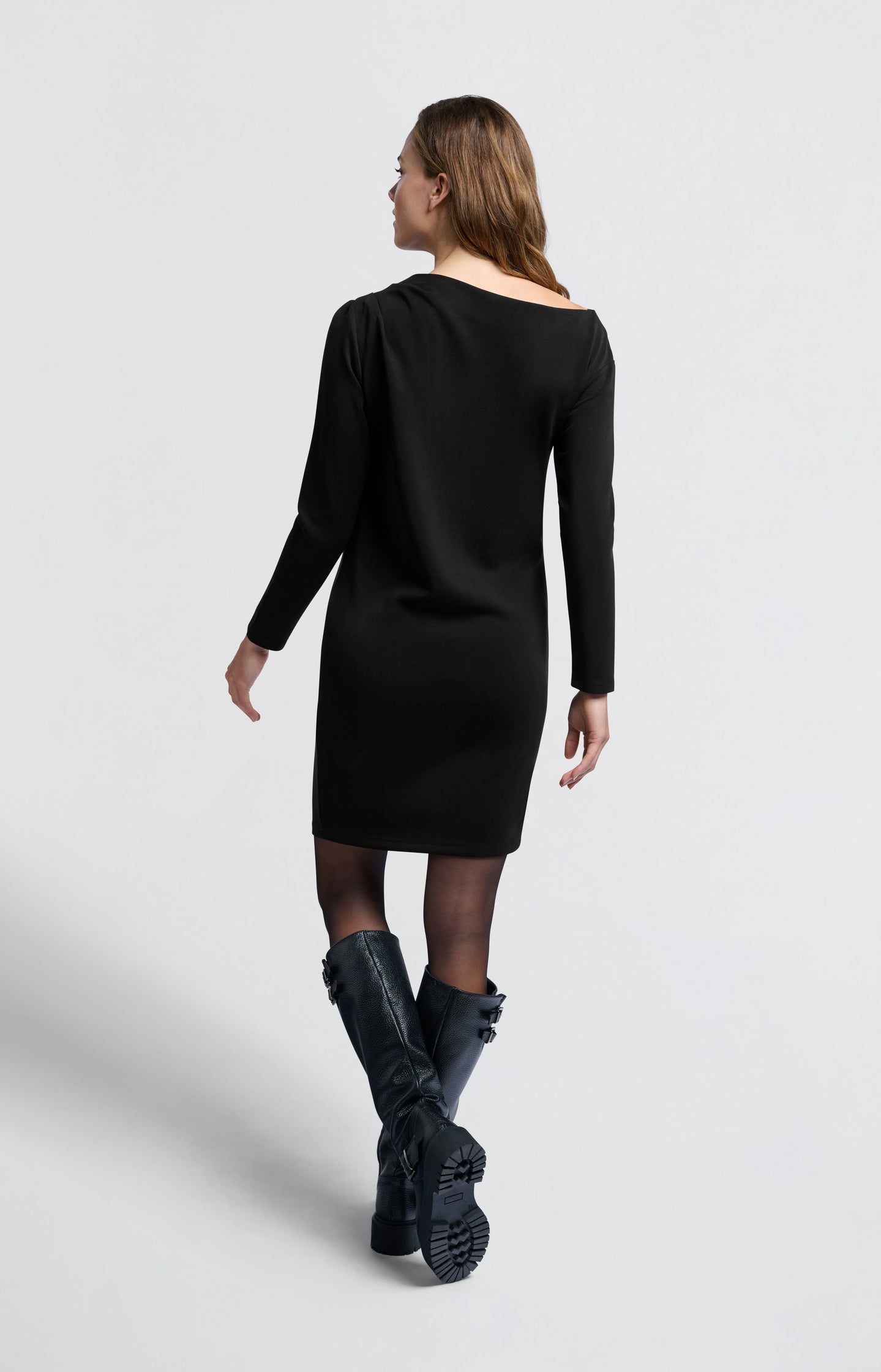 Black off-shoulder dress with long sleeves