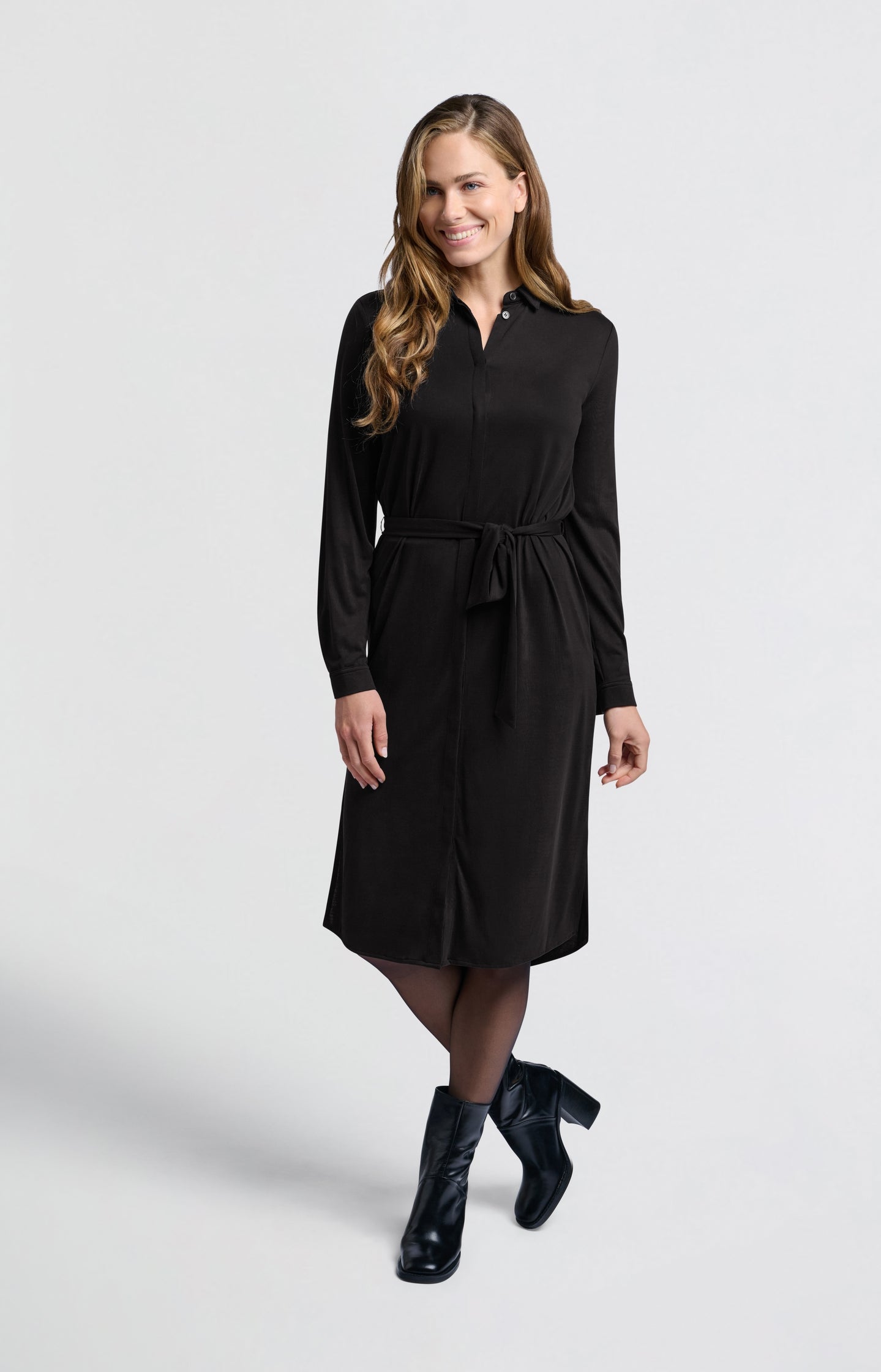 Black shirt dress with tie belt